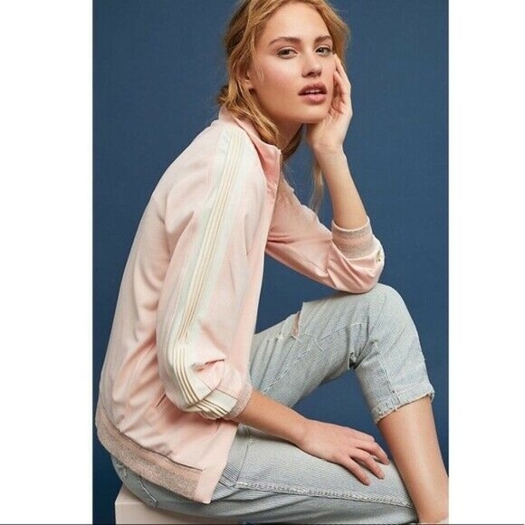 Maeve S Pink Ivory Stripe Zip Bomber Track Jacket - Picture 1 of 5